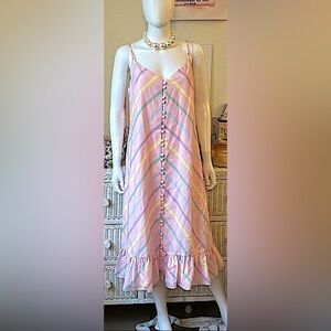 Olivia Rubin Isla Midi Dress Low Cut striped in pastel hues on pink size 10 NWT